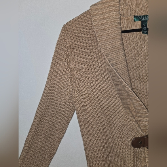 ​LAUREN Ralph Lauren Petite P/M Buckle Shawl Collar Cardigan Sweater Tan - Picture 5 of 7